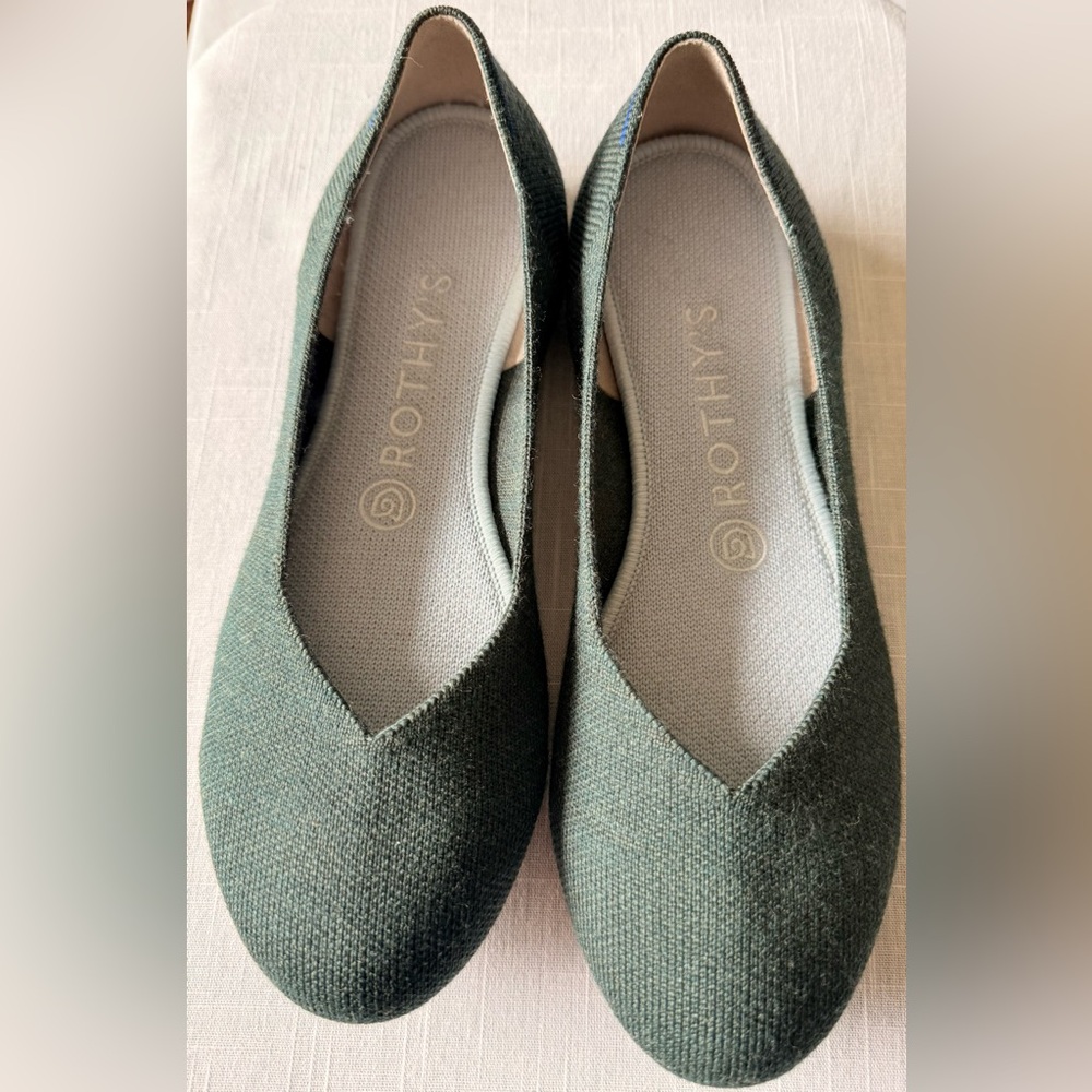 Rothys Merino Wool Flats Ivy Green Shoes Dark Green Blue Halo Round Toe Size 7.5